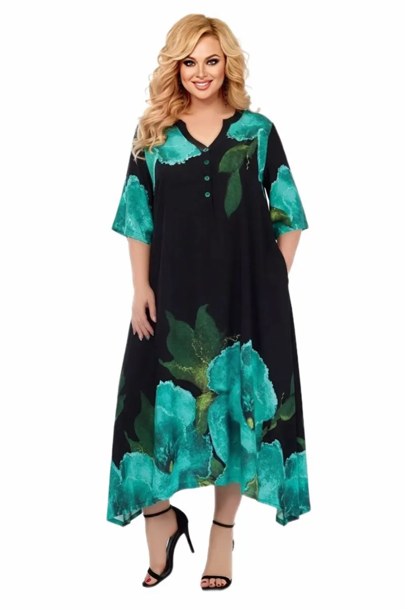 Длинное платье Madame Pompadur 26004 черное с крупными бирюзовыми цветами на модели 60 размера