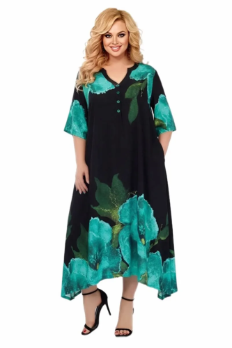 Длинное платье Madame Pompadur 26004 черное с крупными бирюзовыми цветами на модели 60 размера